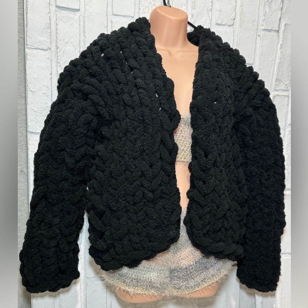 Handcrafted Black Lux fuzzy Cardigan/jacket - Picture 3 of 4